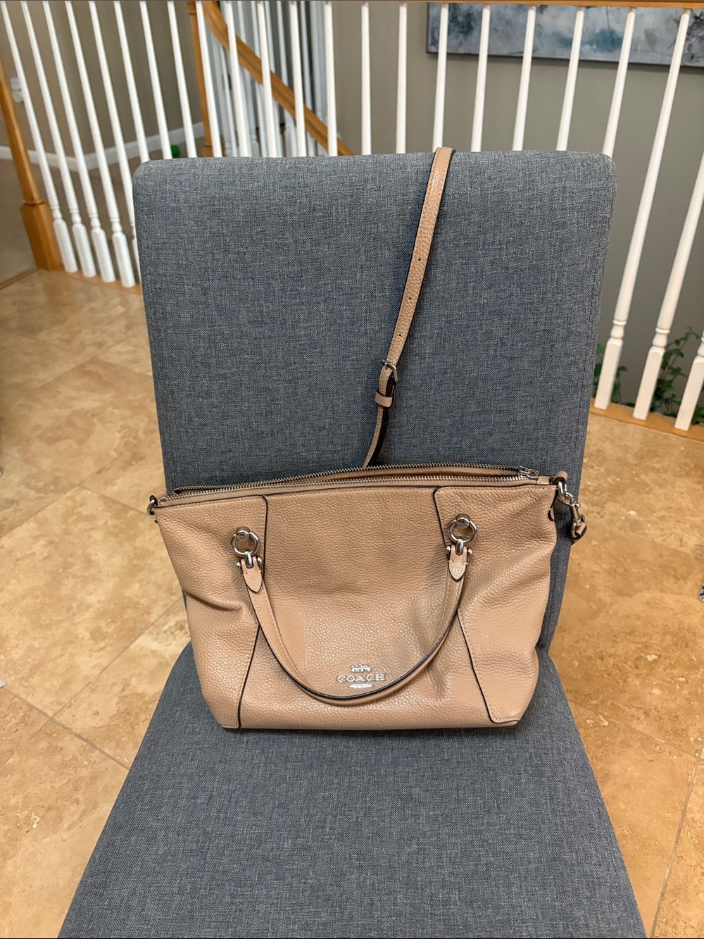 Coach Pebbled Leather Shoulder Tote in Beige/Tan with Crossbody Strap